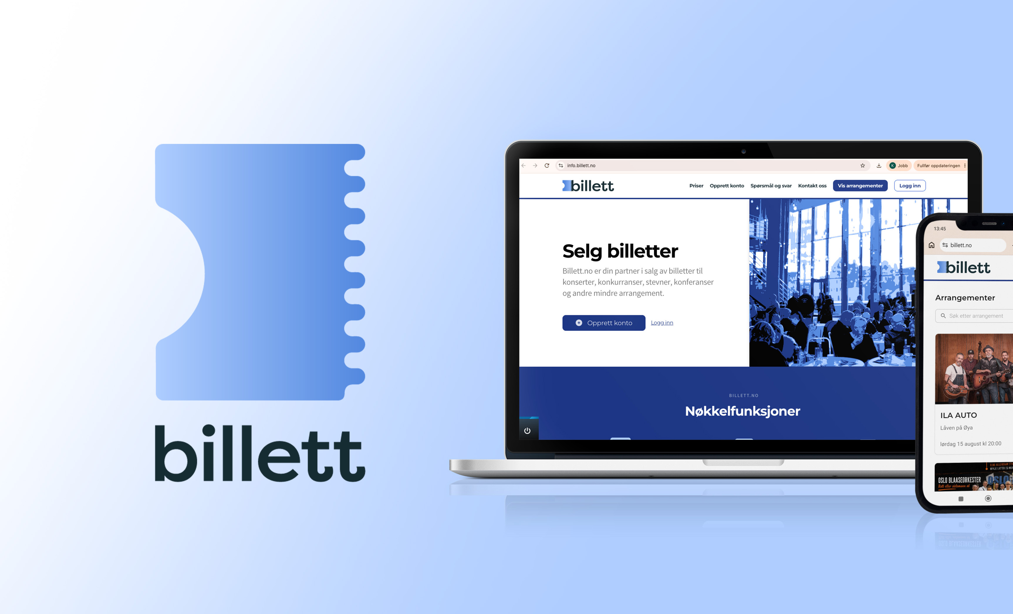 Billett.no Bildegrafikk av Billett.no sin logo ved siden av PC og mobil som bruker løsningen