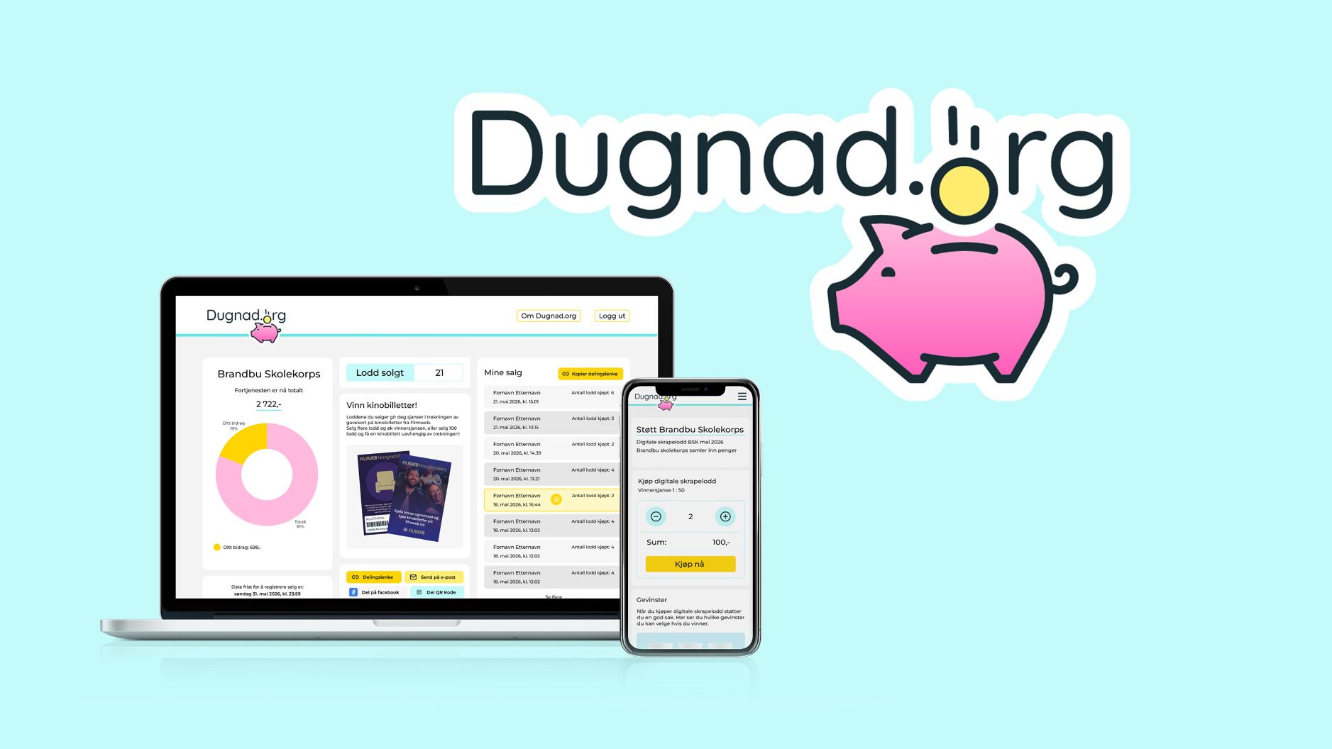 Dugnad.org Bildegrafikk av PC og mobiltelefon som bruker Dugnad.org, ved siden av Dugnads logoikon